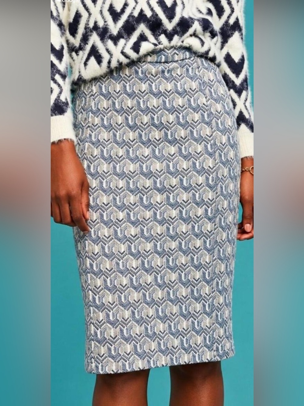 Maeve by Anthropologie Blue and Cream Geometric Knit Pencil Skirt Size Small